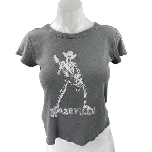John Galt Nashville Skeleton Women's Gray Short Sleeve Graphic Tee T-shirt Top S - Picture 1 of 3